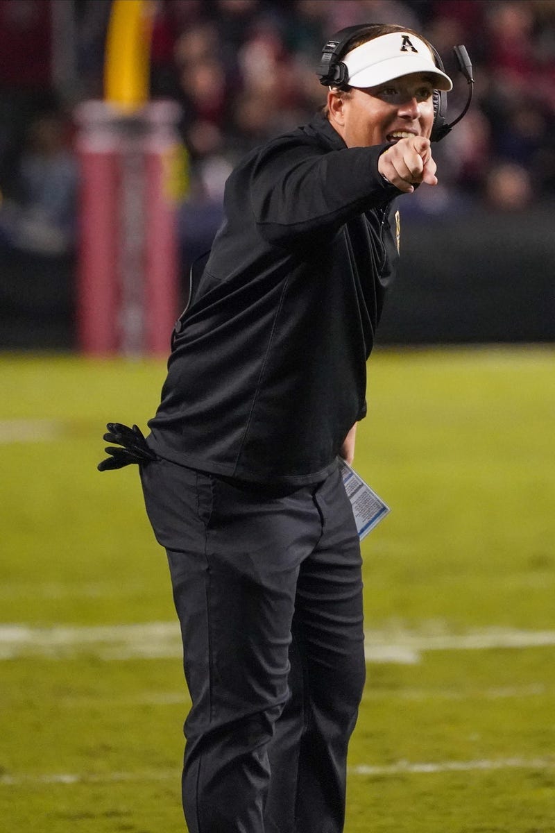 Nov 9, 2019; Columbia, SC, USA; Appalachian State Mountaineers head coach Eliah Drinkwitz argues an intentional grounding call during the first quarter against the South Carolina Gamecocks at Williams-Brice Stadium. Jim Dedmon-USA TODAY Sports