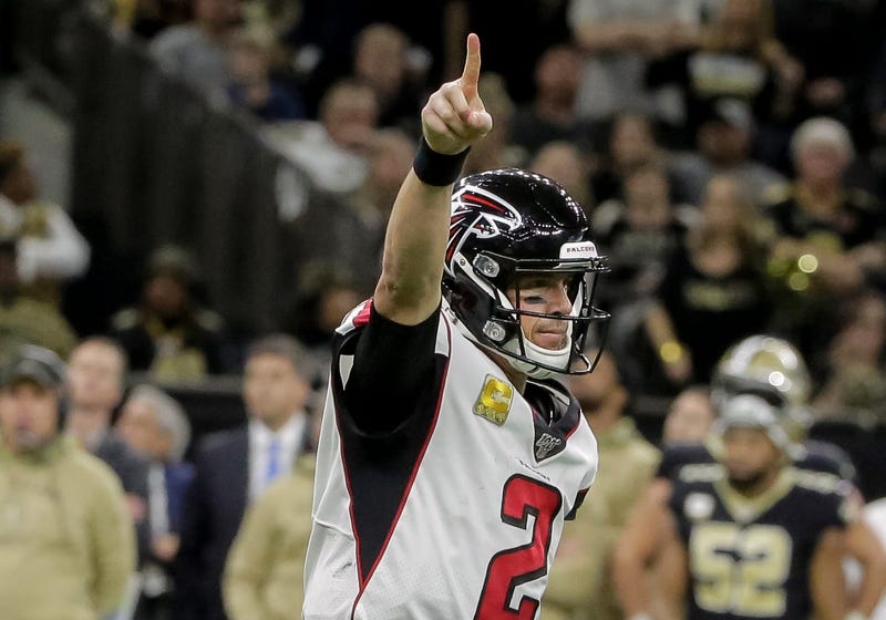 Nov 10, 2019; New Orleans, LA, USA; Atlanta Falcons quarterback Matt Ryan (2) celebrates after throwing a touchdown pass against the New Orleans Saints during the fourth quarter at the Mercedes-Benz Superdome. Mandatory Credit: Derick E. Hingle-USA TODAY