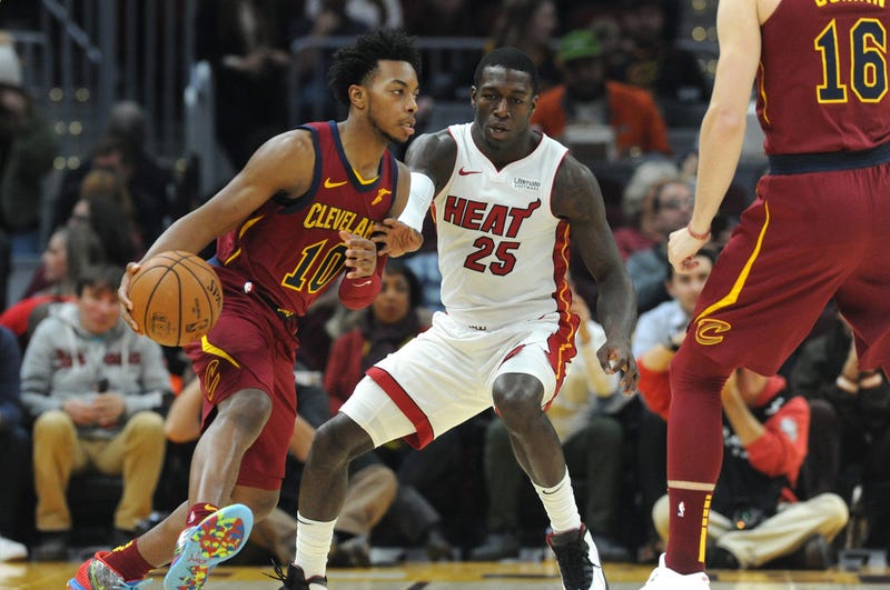 Nov 14, 2019; Cleveland, OH, USA; Cleveland Cavaliers guard Darius Garland (10) moves the ball against Miami Heat guard Kendrick Nunn (25) during the first quarter at Rocket Mortgage FieldHouse. Mandatory Credit: Philip G. Pavely-USA TODAY Sports