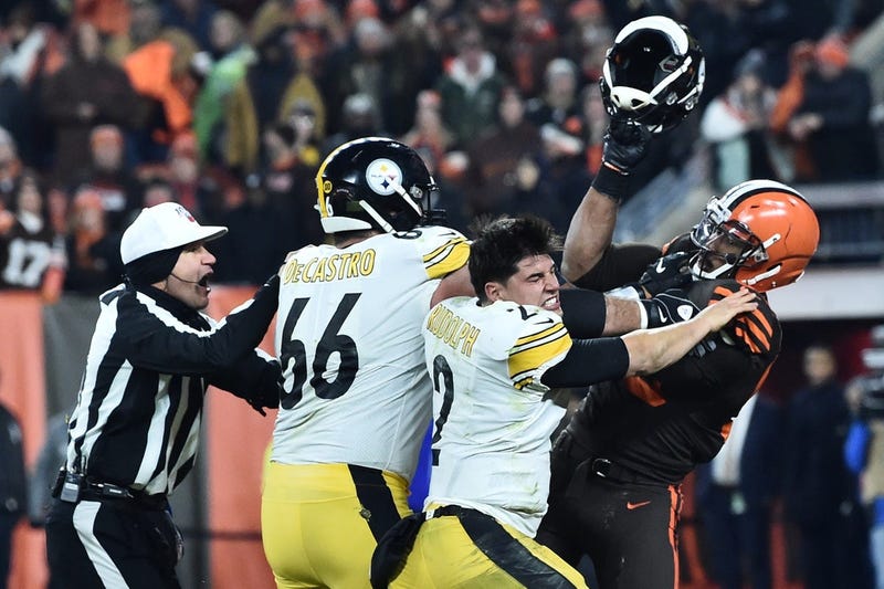 ; Cleveland Browns defensive end Myles Garrett (95) hits Pittsburgh Steelers quarterback Mason Rudolph
