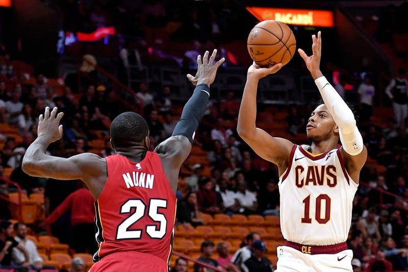 Nov 20, 2019; Miami, FL, USA; Cleveland Cavaliers guard Darius Garland (10) shoots over Miami Heat guard Kendrick Nunn (25) during the second half at American Airlines Arena. Mandatory Credit: Steve Mitchell-USA TODAY Sports