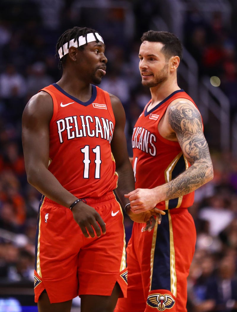 Jrue Holiday and J.J. Redick after the Pelicans win in Phoenix