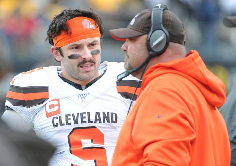 Dec 1, 2019; Pittsburgh, PA, USA; Cleveland Browns quarterback Baker Mayfield (6) talks with head coach Freddie Kitchens during a challenged call against the Pittsburgh Steelers during the first quarter at Heinz Field. Mandatory Credit: Philip G. Pavely-U