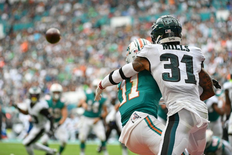 Philadelphia Eagles cornerback Jalen Mills (31) is called for defensive pass interference on Miami Dolphins wide receiver DeVante Parker (11).