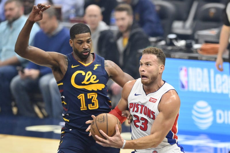 Dec 3, 2019; Cleveland, OH, USA; Detroit Pistons forward Blake Griffin (23) drives to the basket against Cleveland Cavaliers center Tristan Thompson (13) in the first quarter at Rocket Mortgage FieldHouse. Mandatory Credit: David Richard-USA TODAY Sports