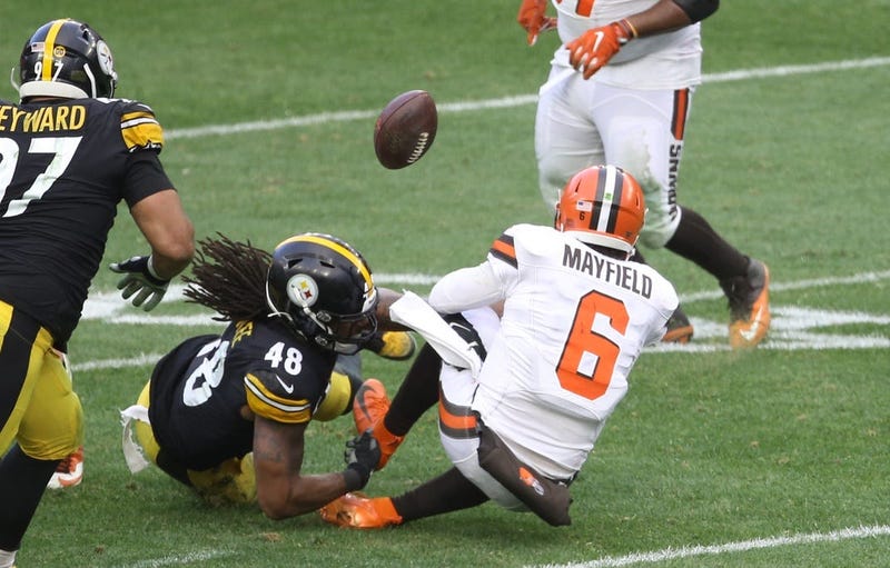 Pittsburgh Steelers outside linebacker Bud Dupree (48) forces Cleveland Browns quarterback Baker Mayfield to fumble during the third quarter at Heinz Field.