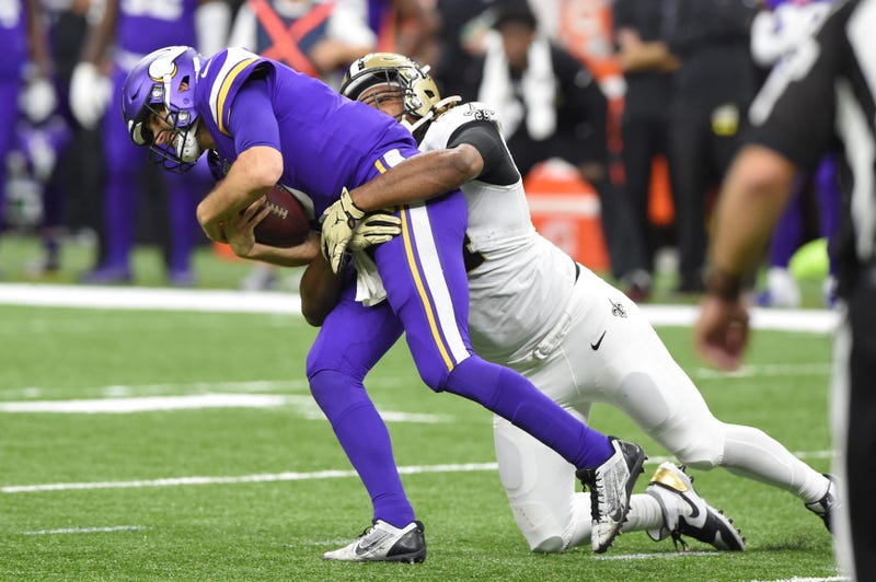New Orleans Saints defensive end Cameron Jordan (94) sacks Minnesota Vikings quarterback Kirk Cousins (8) during the fourth quarter of a NFC Wild Card playoff football game at the Mercedes-Benz Superdome.