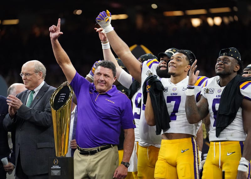 Ed Orgeron, LSU Tigers celebrate after national championship