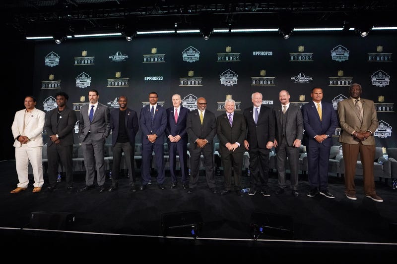 Feb 1, 2020; Miami, Florida, USA; Members of the 2020 Pro Football Hall of Fame Class pose during the NFL Honors awards presentation