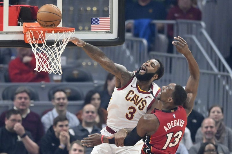 Feb 24, 2020; Cleveland, Ohio, USA; Cleveland Cavaliers center Andre Drummond (3) misses a dunk beside Miami Heat forward Bam Adebayo (13) in the first quarter at Rocket Mortgage FieldHouse. Mandatory Credit: David Richard-USA TODAY Sports