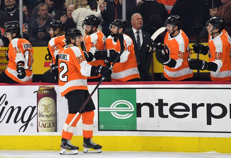 Philadelphia Flyers right wing Nicolas Aube-Kubel (62) celebrates a goal with teammates against the San Jose Sharks at Wells Fargo Center.