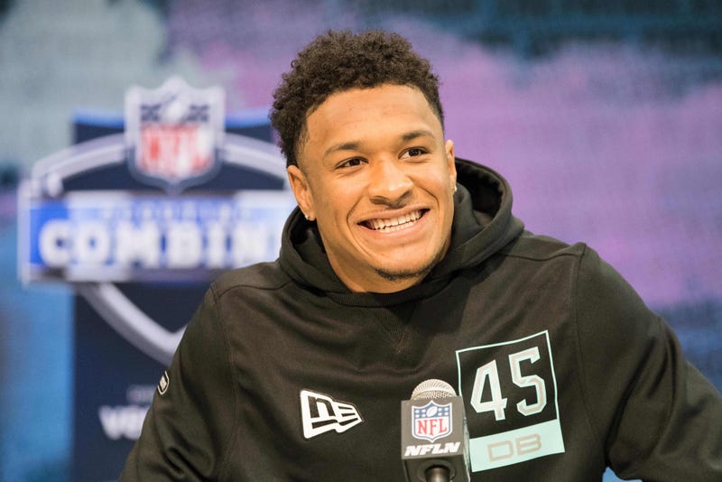 Louisiana State defensive back Grant Delpit (DB45) speaks to the media during the 2020 NFL Combine in the Indianapolis Convention Center.