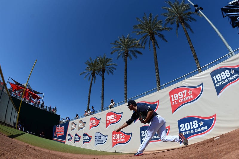 Cleveland Indians starting pitcher Adam Plutko (45) warms up prior to a spring training game against the Chicago Cubs at Goodyear Ballpark