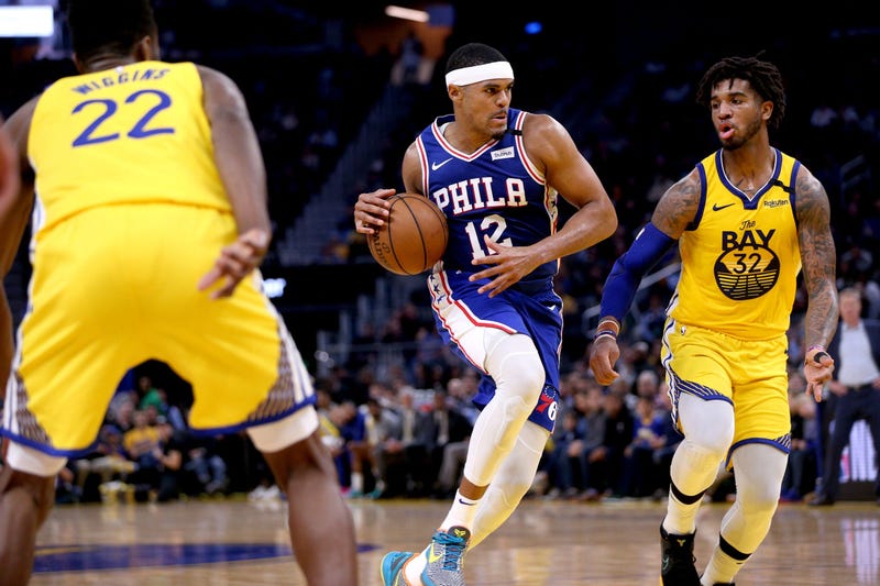Philadelphia 76ers forward Tobias Harris (12) drives to the basket against the Golden State Warriors in the second quarter at the Chase Center.