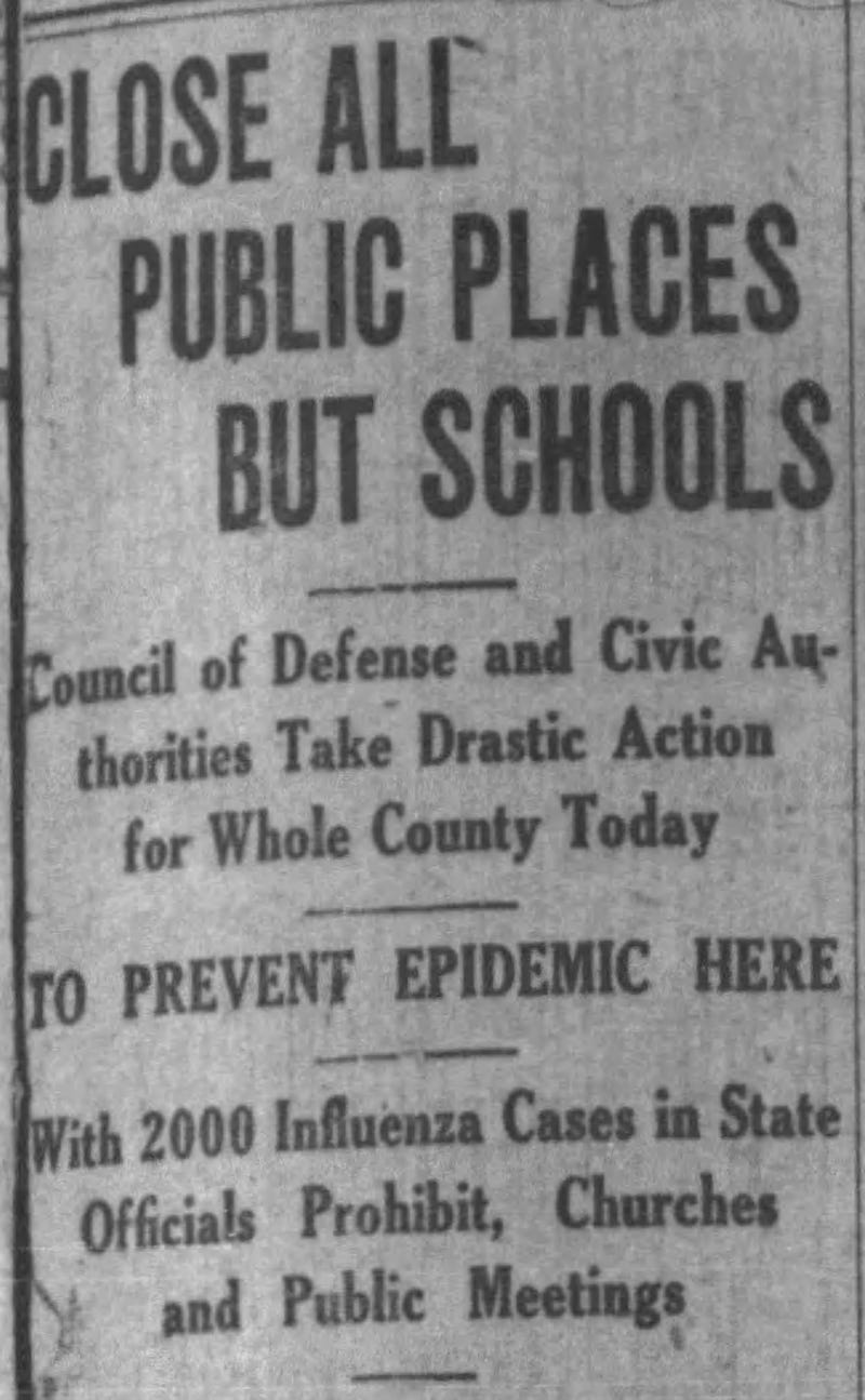 headline announces broad closures during 1918 flu pandemic.