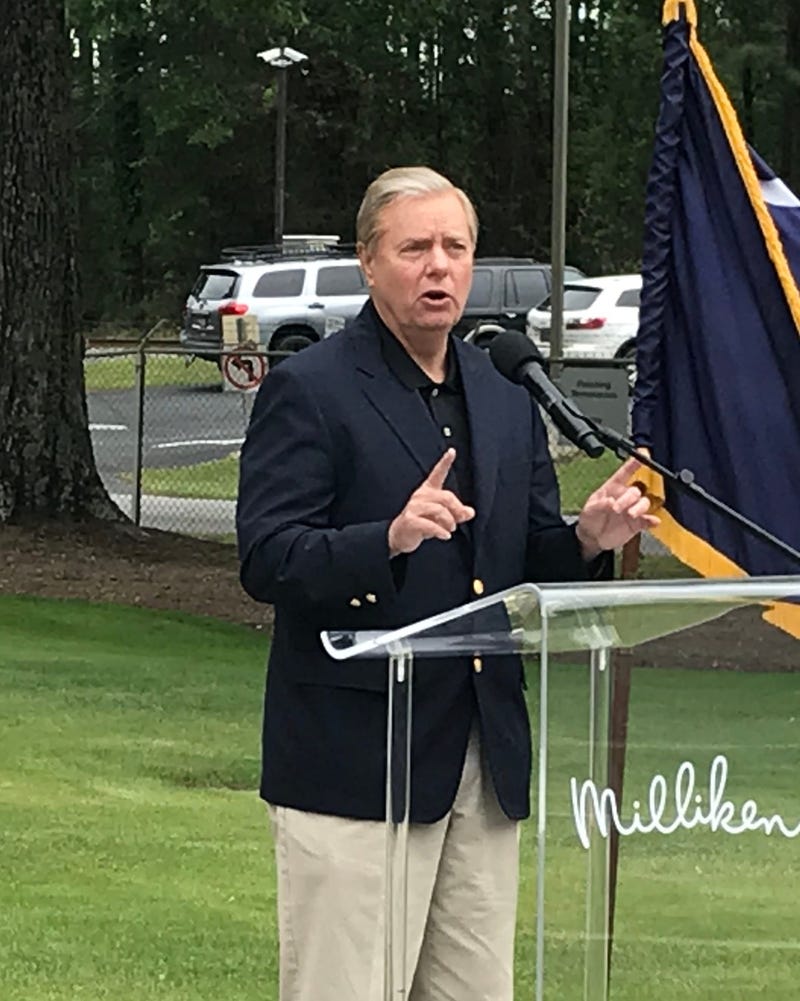 U.S. Sen. Lindsey Graham speaks Friday after touring the Milliken & Company plant in Pendleton. Graham At Milliken. May 2020