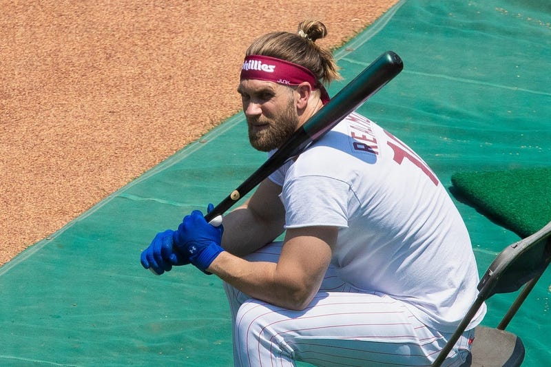 Philadelphia Phillies right fielder Bryce Harper waits to bat during workouts