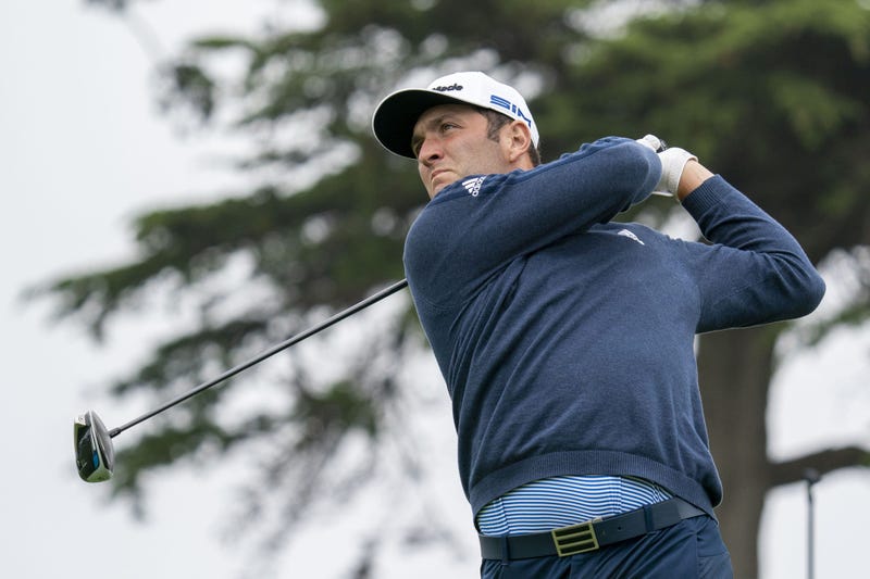 Jon Rahm hits his tee shot on the first hole during a practice round of the PGA Championship golf tournament at TPC Harding Park.