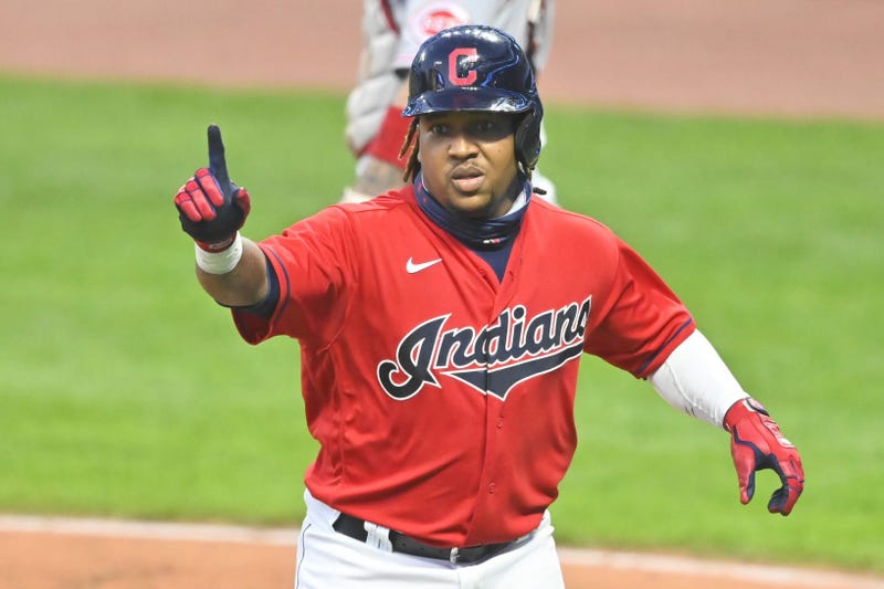 Cleveland Indians third baseman Jose Ramirez (11) celebrates his two-run home run in the seventh inning against the Cincinnati Reds at Progressive Field.