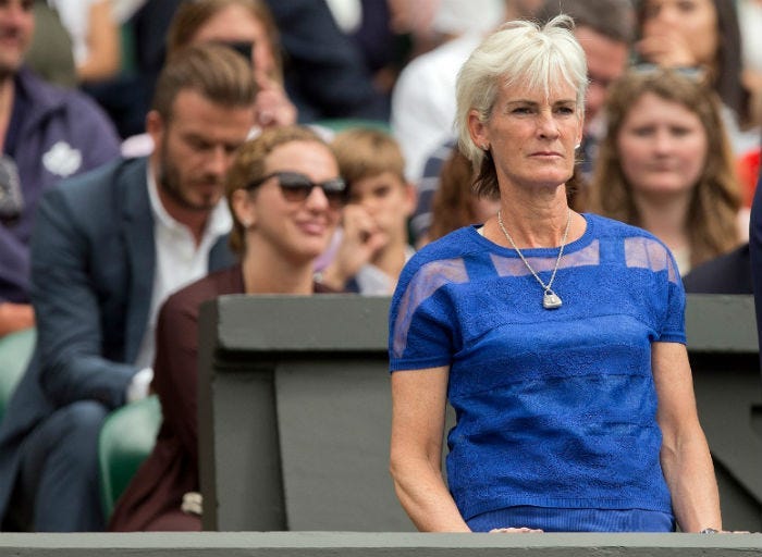 Jul 8, 2015; London, United Kingdom; Judy Murray in attendance for the Andy Murray (GBR) and Vasek Pospisil (CAN) match on day nine of The Championships Wimbledon at the AELTC.