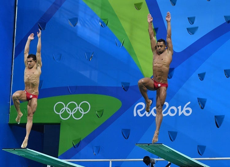 Jahir Ocampo and Rommel Pacheco (MEX) during the men's 3m springboard synchronized diving final at Maria Lenk Aquatics Centre.
