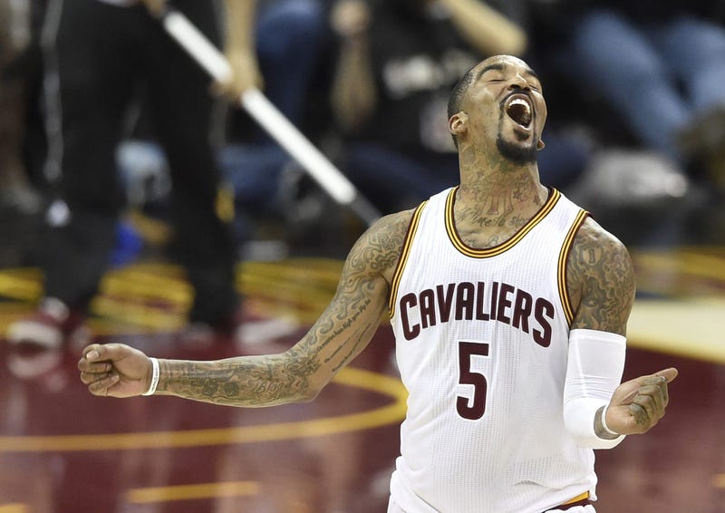 Mar 16, 2017; Cleveland, OH, USA; Cleveland Cavaliers guard J.R. Smith (5) celebrates his three-point basket in the fourth quarter against the Utah Jazz at Quicken Loans Arena. Mandatory Credit: David Richard-USA TODAY Sports