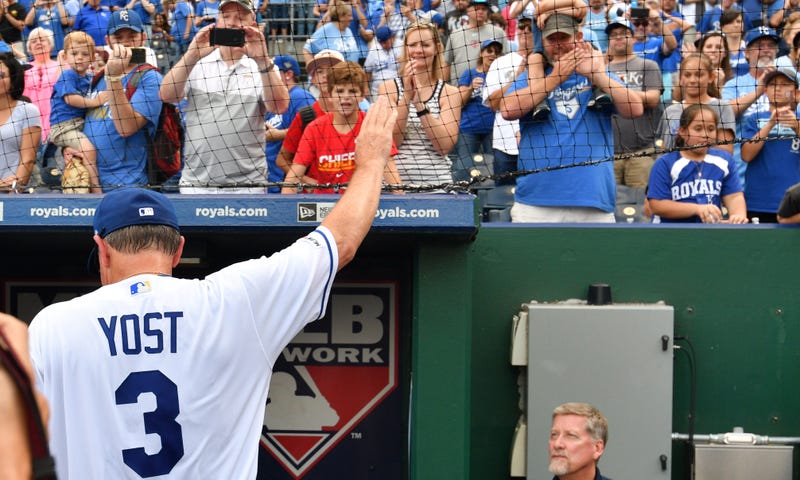 Sep 29, 2019; Kansas City, MO, USA; Kansas City Royals manager Ned Yost (3) waves to the crowd as he walks into the dugout after his last game before retirement against the Minnesota Twins at Kauffman Stadium.