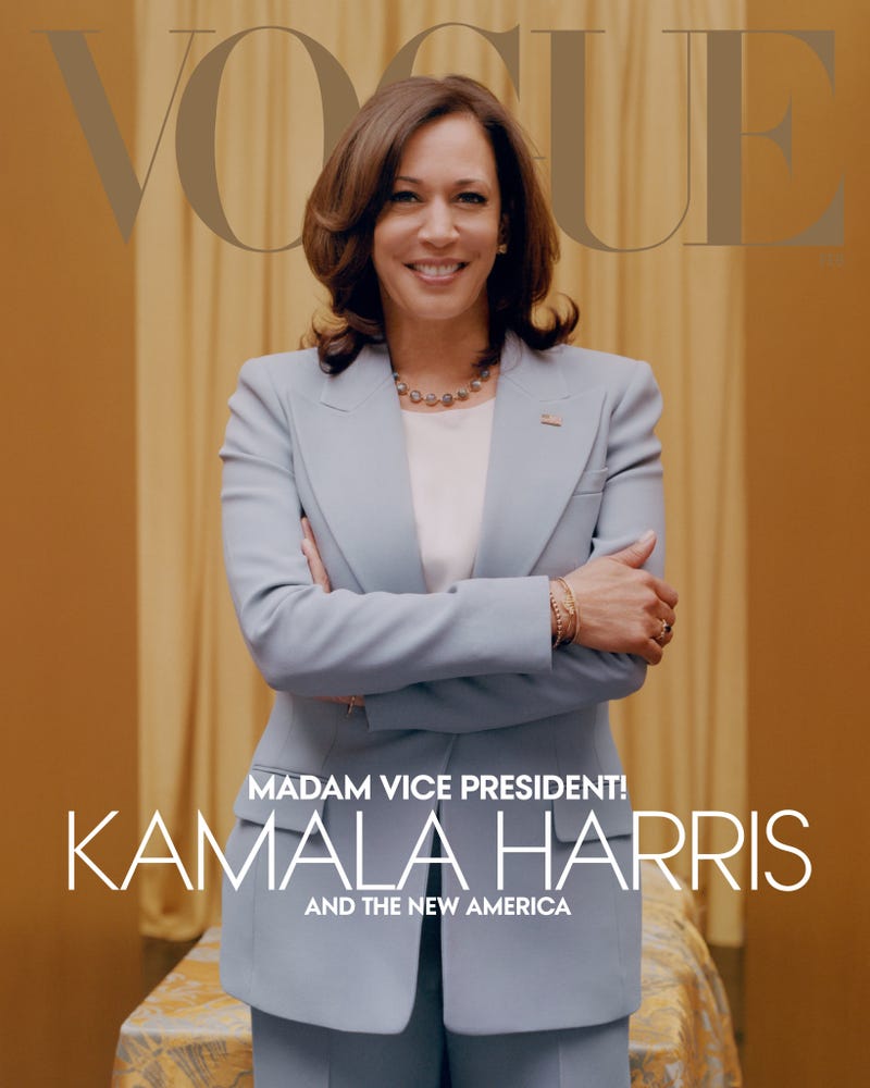 Kamala Harris on the cover of Vogue's February 2021 issue in a Michael Kors Collection suit.