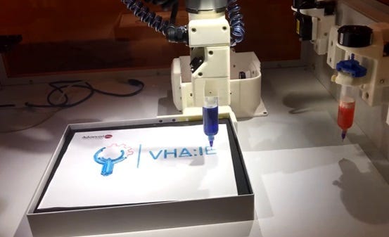 A 3D printing of the VA Innovation Ecosystem logo at a conference in Chicago
