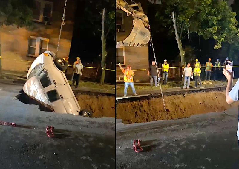 Crews remove the van from the sinkhole on Radcliff Avenue in Morris Park on Monday night
