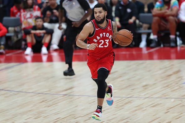 Raptors PG Fred VanVleet brings the ball up the court.