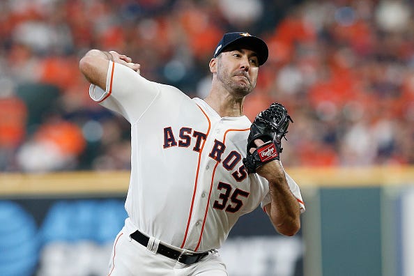 Justin Verlander hurls a pitch against the Rays in the playoffs.