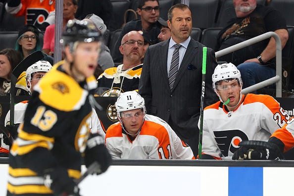 Alain Vigneault commands the Flyers from the bench.