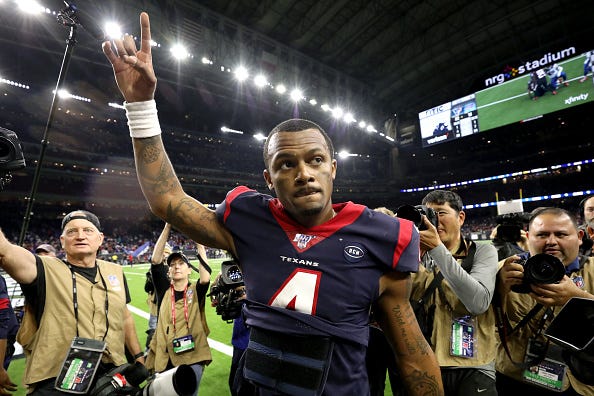 Deshaun Watson celebrates a thrilling Texans playoff win.