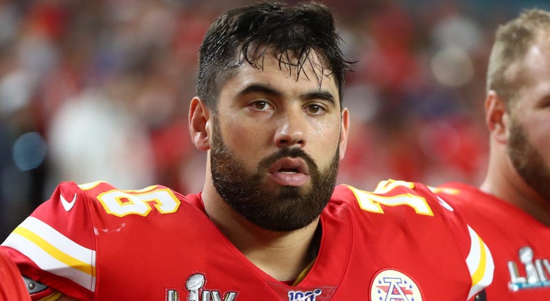 KC Chiefs offensive lineman Laurent Duverney-Tardif seen on the sidelines during Super Bowl LIV.