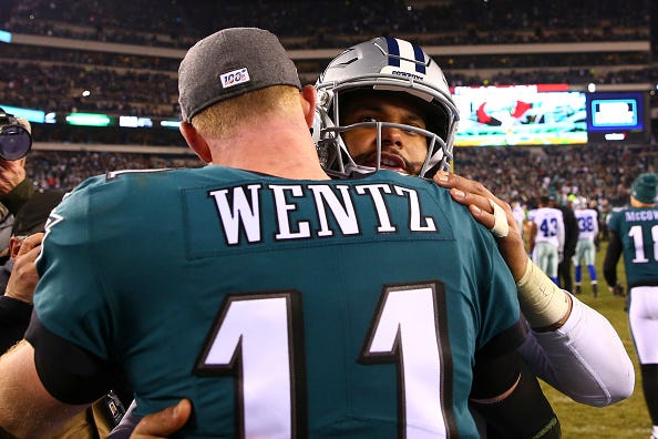 Carson Wentz, Dak Prescott hug after an Eagles-Cowboys game.