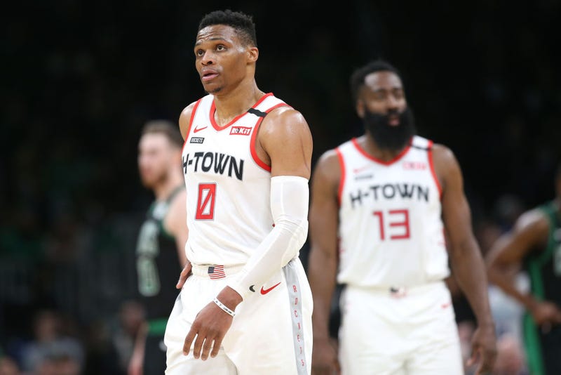 Russell Westbrook walks away during a game between the Rockets and Celtics.