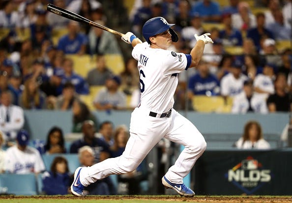 Will Smith rips a line drive for the Dodgers in the NLDS.