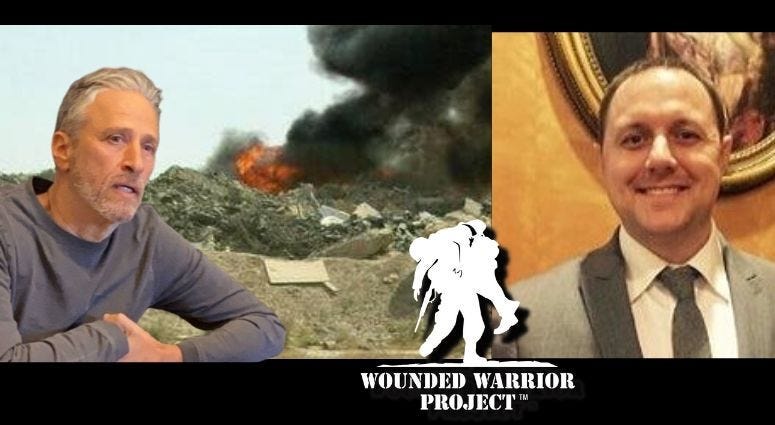 Derek Fronabarger, Wounded Warrior Project's Legislative Director and Jon Stewart.