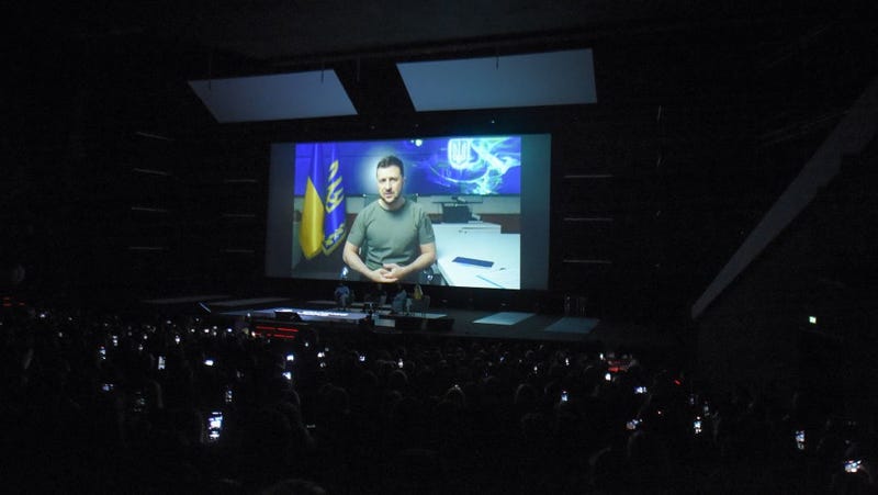 President of Ukraine, Volodymyr Zelenskyy speaks on stage during the Creativity Under Bombs talk at the Lumiere Theatre, Cannes Lions 2022: Day One on June 20, 2022 in Cannes, France.