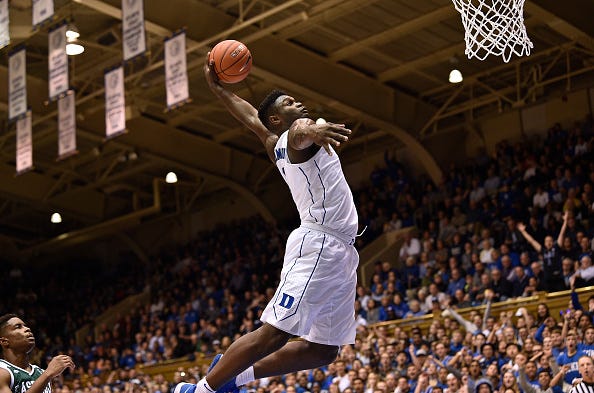 Zion Williamson of Duke throws down a dunk vs. Eastern Michigan.