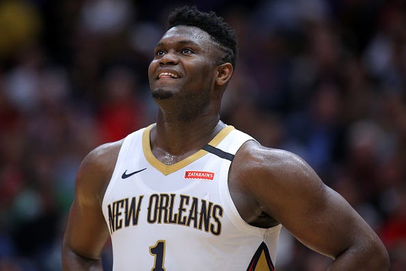 Zion Williamson looks up after a play against the Celtics.