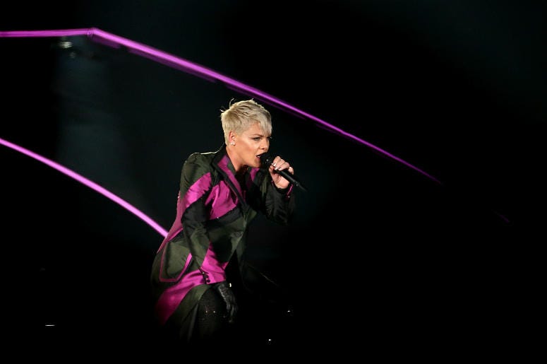 Singer Pink performs live on stage at Forsyth Barr Stadium on September 1, 2018 Singer Pink performs live on stage at Forsyth Barr Stadium on September 1, 2018