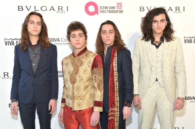 Sam Kiszka, Josh Kiszka, Jake Kiszka and Danny Wagner of Greta Van Fleet attend the 26th annual Elton John AIDS Foundation's Academy Awards Viewing Party at The City of West Hollywood Park on March 4, 2018 in West Hollywood, California. Sam Kiszka, Josh Kiszka, Jake Kiszka and Danny Wagner of Greta Van Fleet attend the 26th annual Elton John AIDS Foundation's Academy Awards Viewing Party at The City of West Hollywood Park on March 4, 2018 in West Hollywood, California.