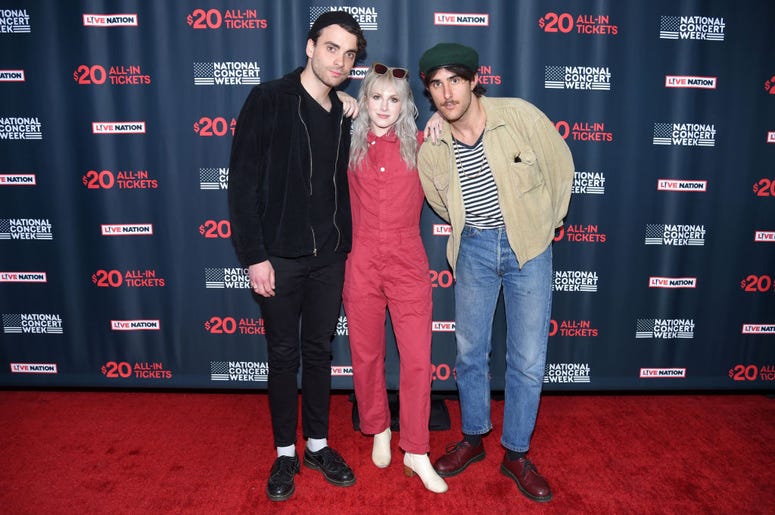 Taylor York, Hayley Williams, and Zac Farro of Paramore attend Live Nation's celebration of the 4th annual National Concert Week at Live Nation on April 30, 2018 in New York City Taylor York, Hayley Williams, and Zac Farro of Paramore attend Live Nation's celebration of the 4th annual National Concert Week at Live Nation on April 30, 2018 in New York City