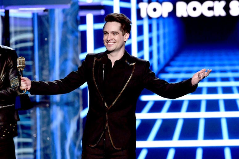 Brendon Urie of Panic! at the Disco accepts the Top Rock Song award for 'High Hopes' onstage during the 2019 Billboard Music Awards at MGM Grand Garden Arena on May 01, 2019 in Las Vegas, Nevada Brendon Urie of Panic! at the Disco accepts the Top Rock Song award for 'High Hopes' onstage during the 2019 Billboard Music Awards at MGM Grand Garden Arena on May 01, 2019 in Las Vegas, Nevada