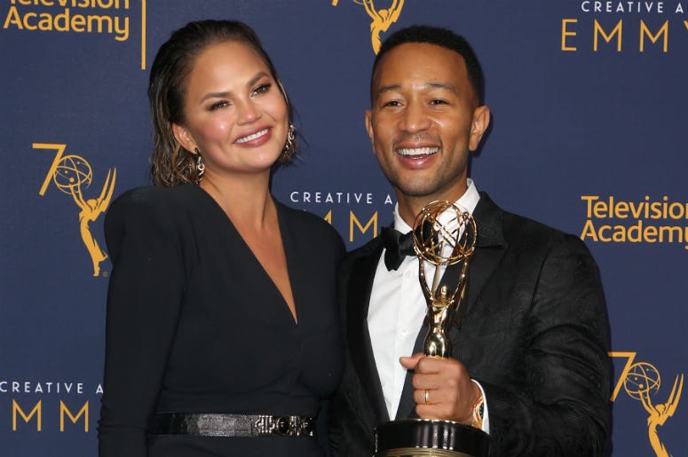 Chrissy Teigen & John Legend 09 September 2018- Los Angeles, California - John Legend, Chrissy Teigen. 2018 Creative Arts Emmy Awards_Press Room held at The Microsoft Theater.