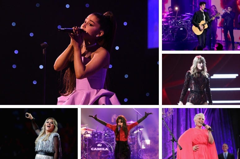 Ariana Grande, Shawn Mendes, Taylor Swift, P!nk, Camila Cabello, Kelly Clarkson Ariana Grande, Shawn Mendes, Taylor Swift, P!nk, Camila Cabello, Kelly Clarkson