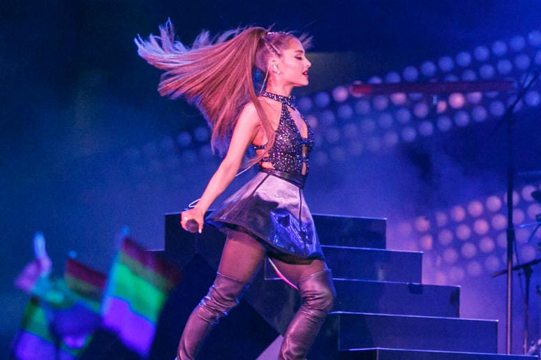 Ariana Grande LOS ANGELES, CA - JUNE 02: Ariana Grande performs onstage at the Banc of California Stadium on June 2, 2018 in Los Angeles, California.