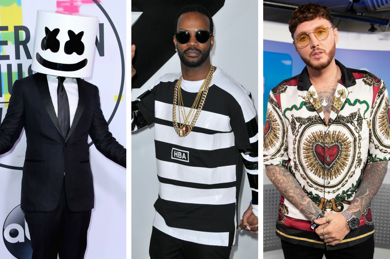 Marshmello at the 2017 American Music Awards at Microsoft Theater on November 19, 2017 in Los Angeles, California. / Juicy J arrives at the "Furious 7" World Premiere held at the TCL Chinese Theatre IMAX /James Arthur in the studio in Wembley Stadium. Marshmello at the 2017 American Music Awards at Microsoft Theater on November 19, 2017 in Los Angeles, California. / Juicy J arrives at the "Furious 7" World Premiere held at the TCL Chinese Theatre IMAX /James Arthur in the studio in Wembley Stadium.